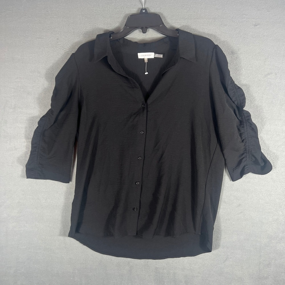 Calvin Klein Womens Blouse M Black Solid Ruched 3/4 Sleeve Button Front Top